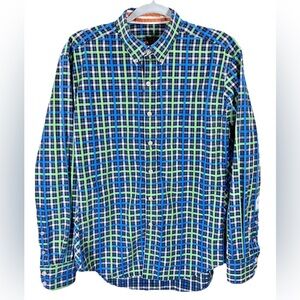 Robert Graham X Mens Medium Tailored Fit Flip Cuff Button Shirt Green Blue Plaid